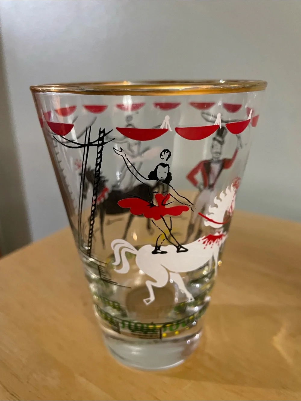 Vintage Libbey Glass Circus Beverage Barware glasses manufactured in the 1950s.